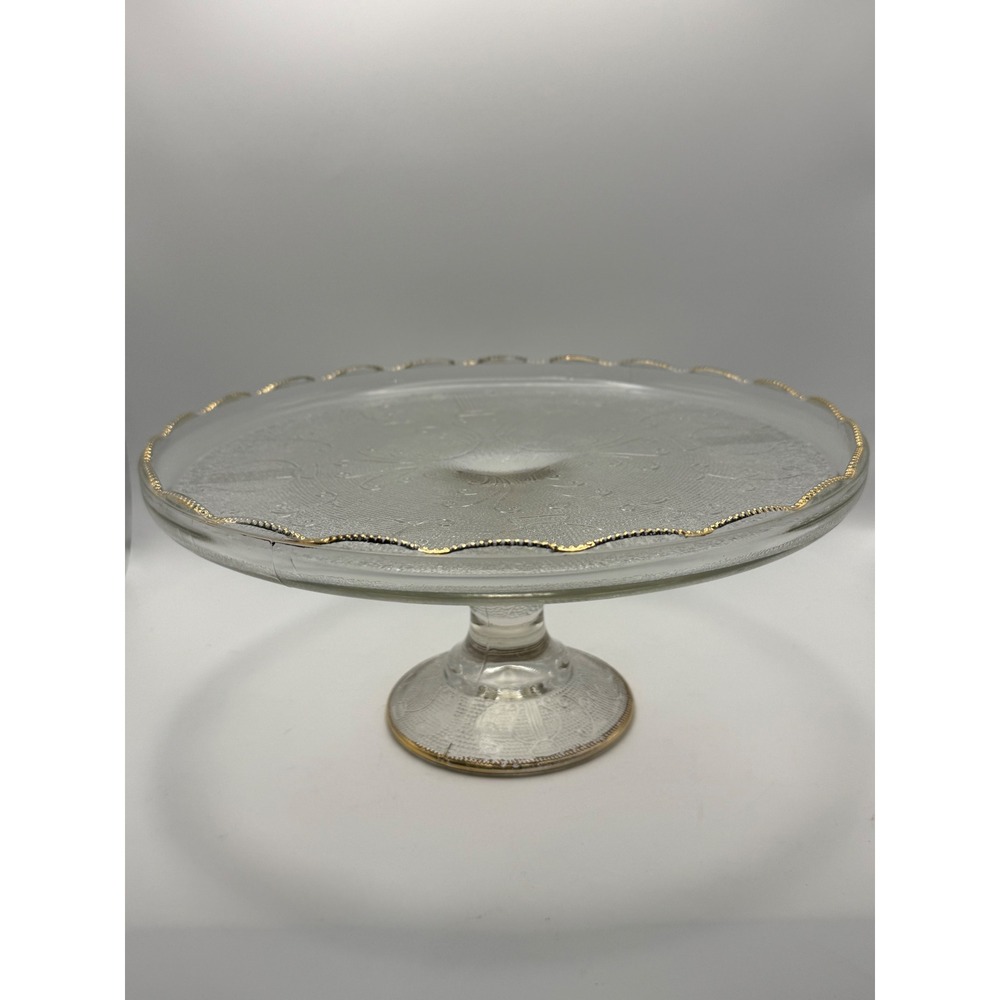 Vtg Jeannette Glass Harp Lyre Cake Stand Gold Trim Clear Stippled Pedestal 10"